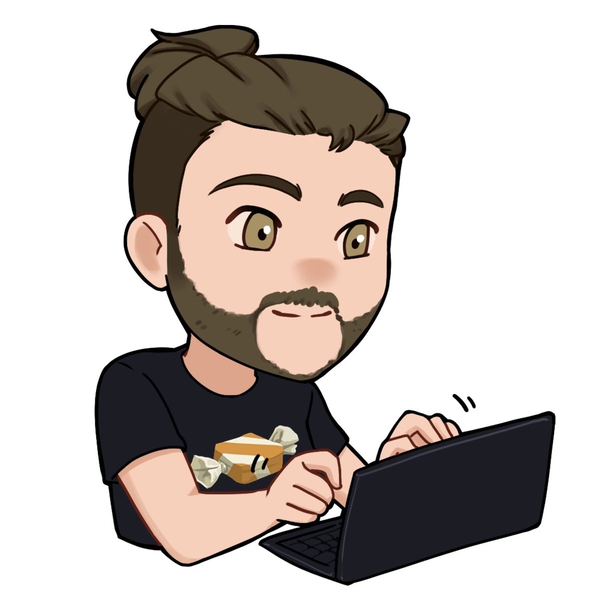 A chibi illustration of me (Leandro), wearing a black t-shirt with the Caramel Lang logo on it, while typing away on what looks like a Lenovo ThinkPad (which I do not really use!)